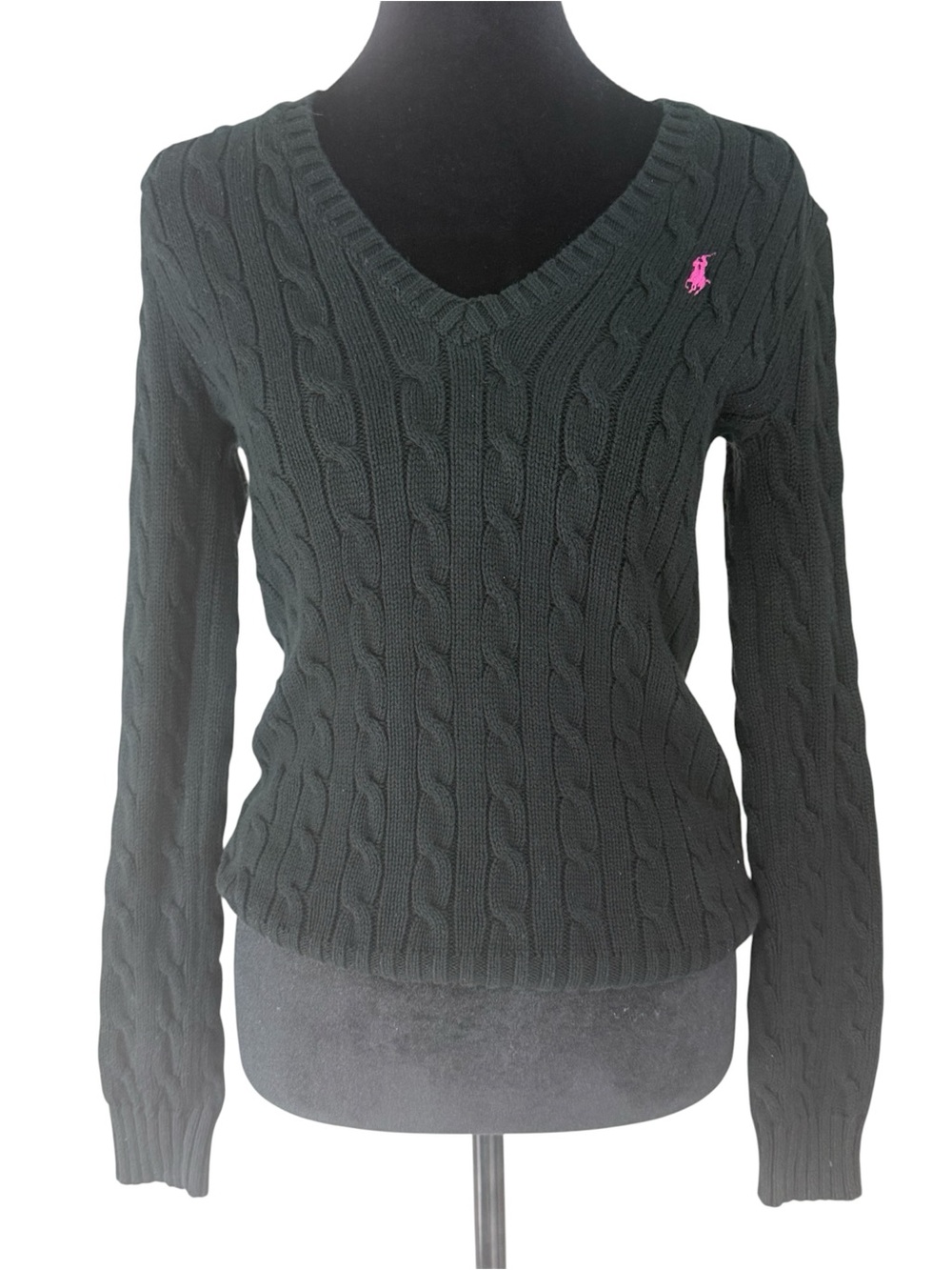 Ralph Lauren Black Cable-Knit V-Neck Sweater with Pink Polo Logo. Size S.
